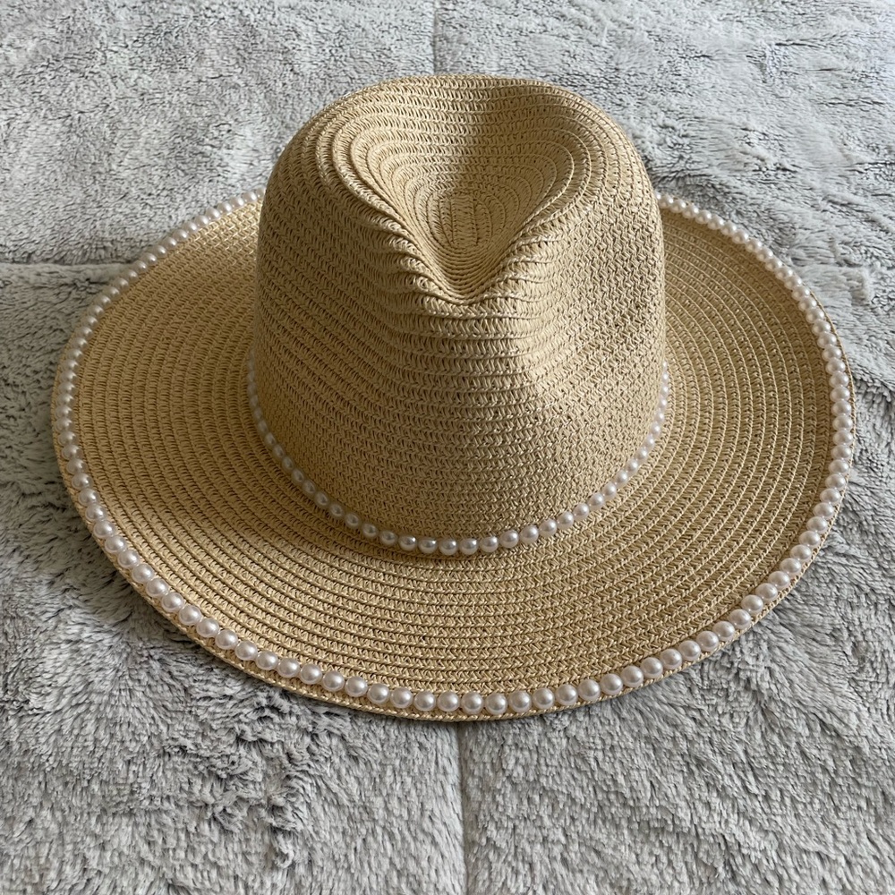 Ellen Tracy Pearl-Trim Straw Sun Hat - Beige